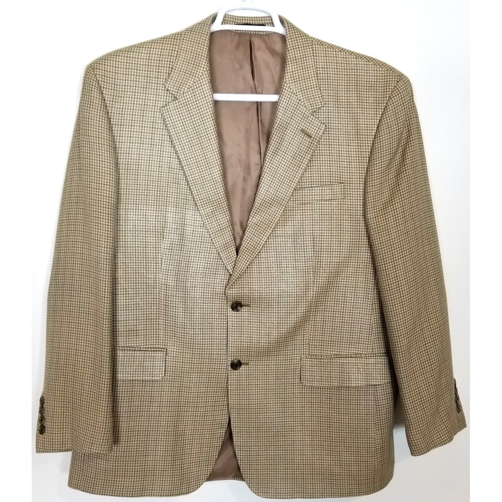 Chaps Men 100% Silk Houndstooth Blazer Jacket Sz 42 R Beige Brown Sport‎ Coat
